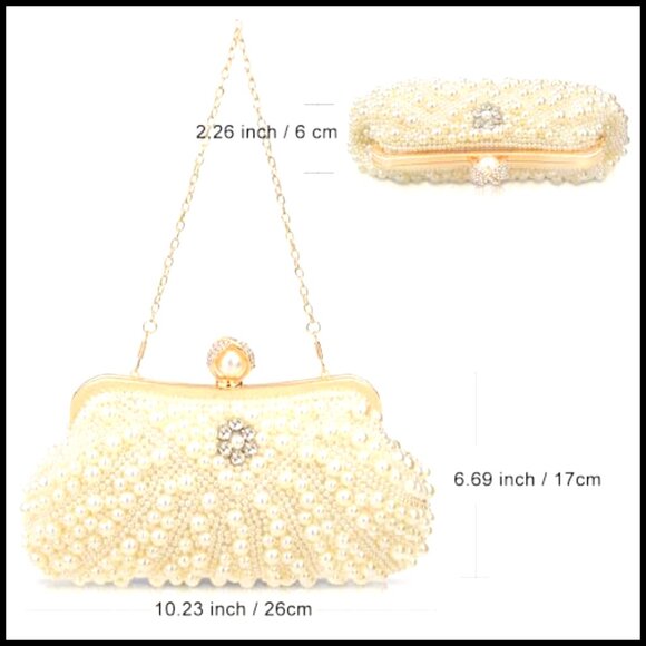 Elegant Beaded Pearl Evening Clutch Purse Rhinestone Crossbody Shoulder Bag